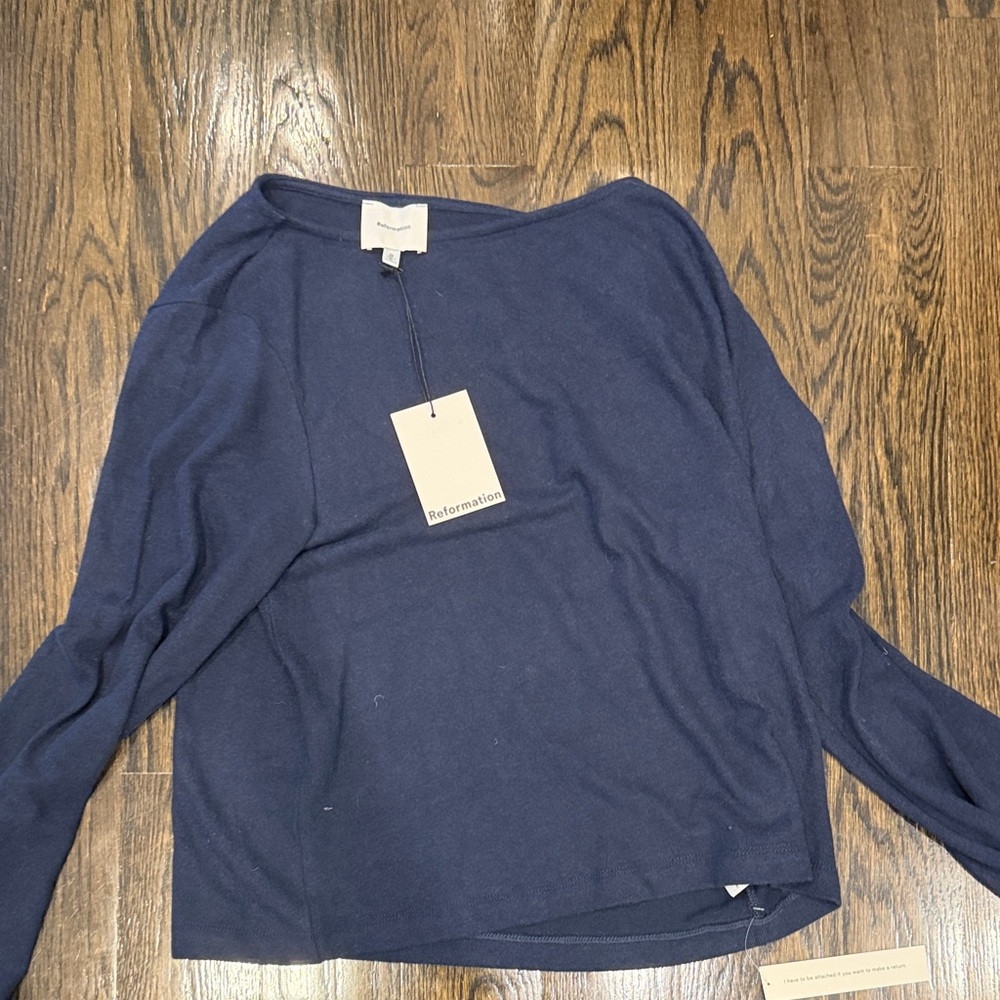 Reformation Navy Boatneck Lightweight Sweater